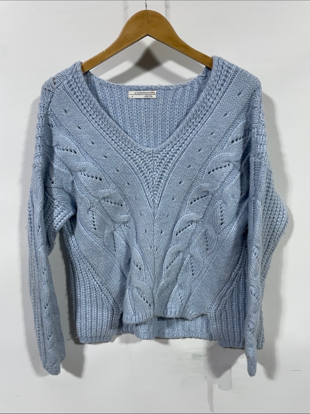 Anthropologie Pale Blue Cable Knit V-Neck Sweater